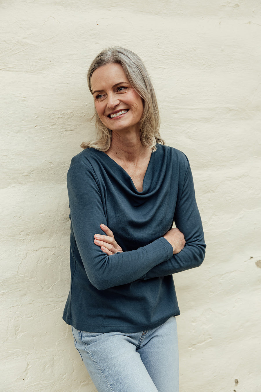 Merino Rib Cowl Neck Top - Teal