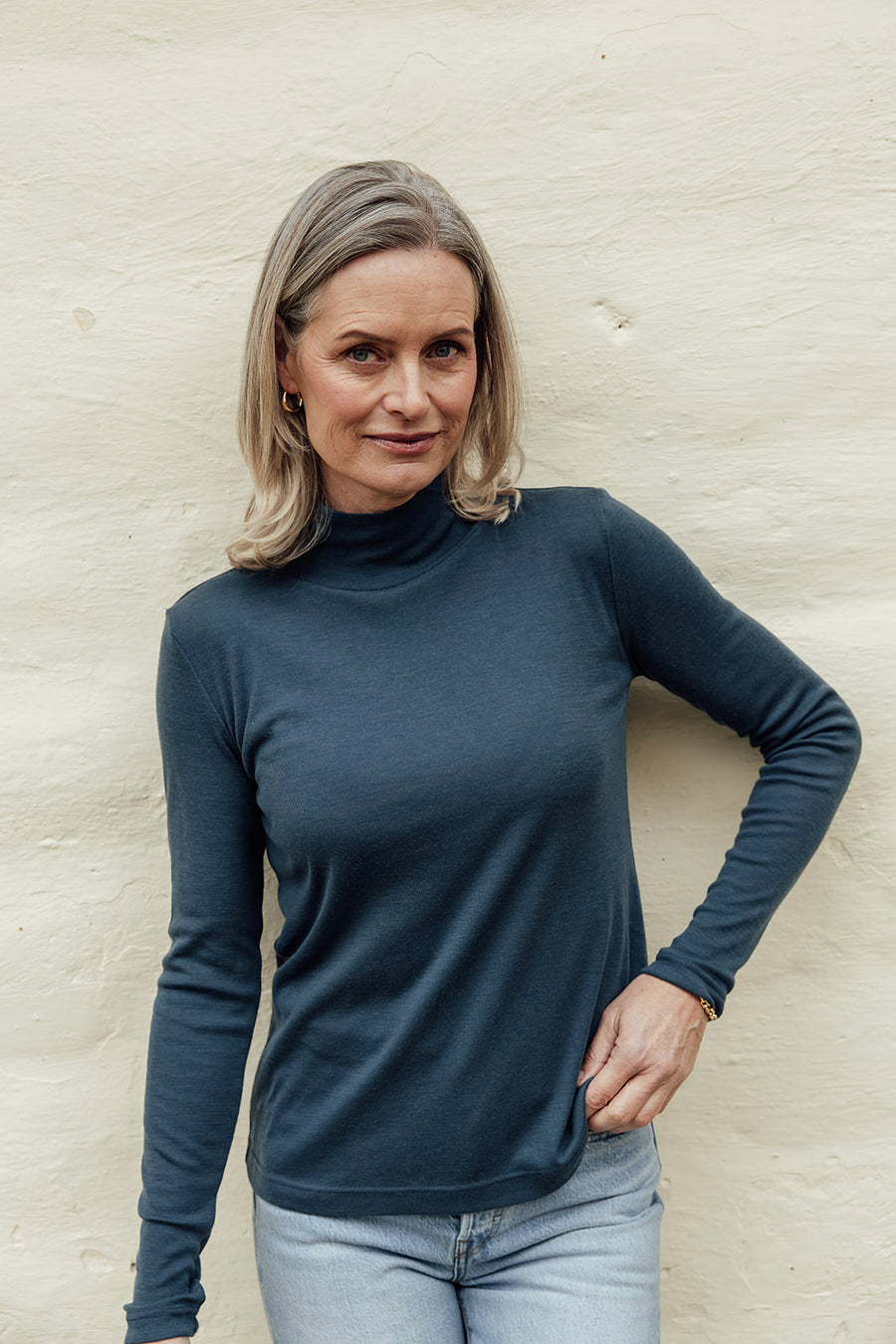 Merino Rib Turtle Neck Top - Teal