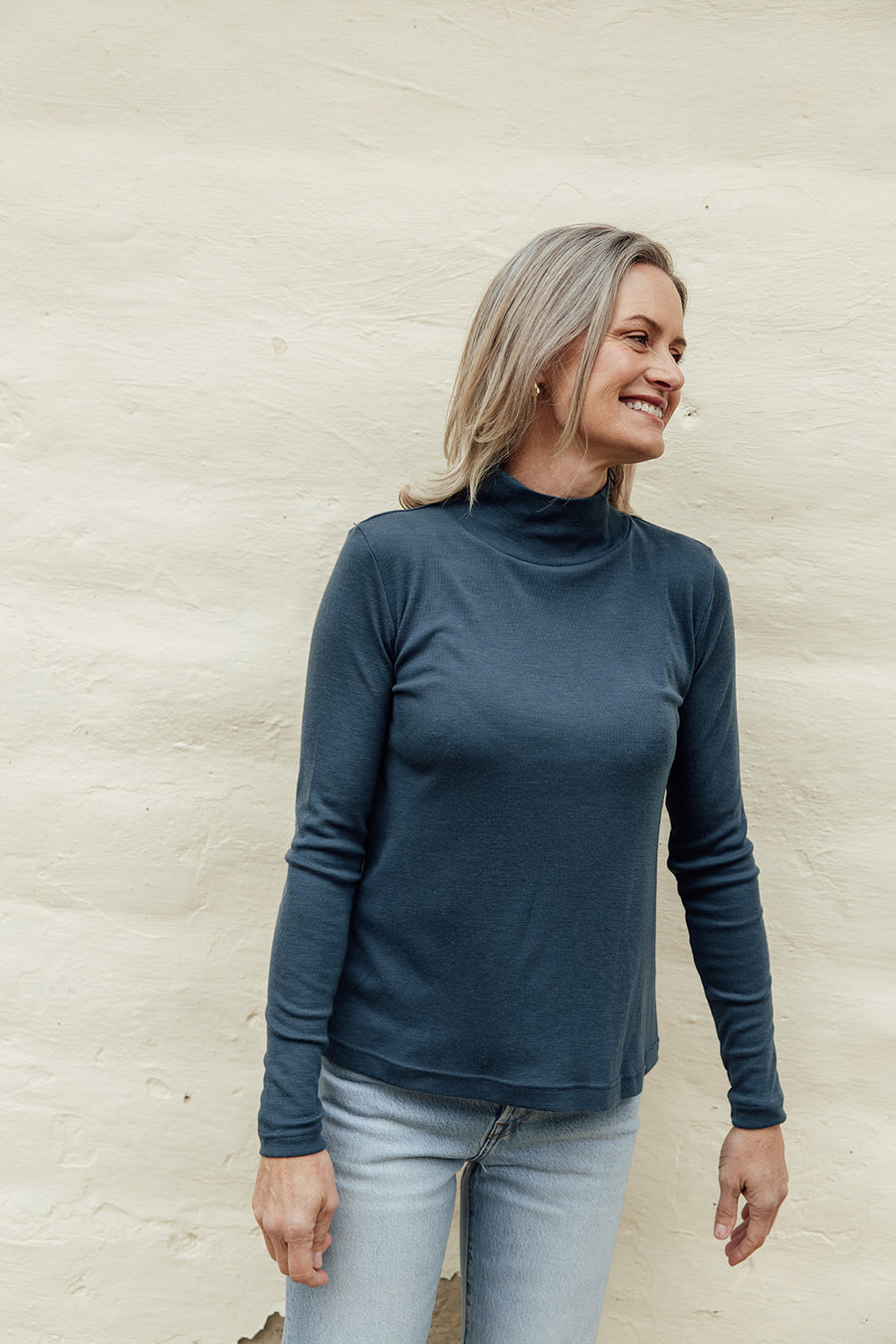 Merino Rib Turtle Neck Top - Teal