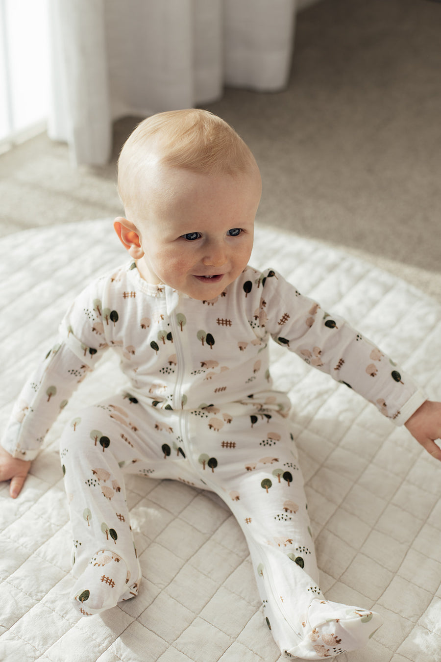 Merino Wool Baby Zip Onesie - Farmyard