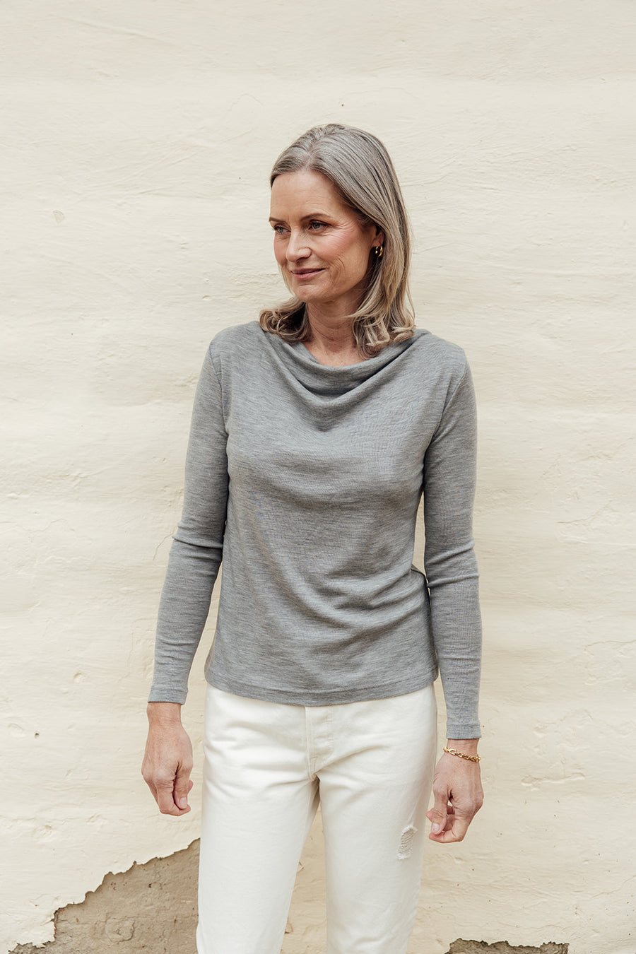 Merino Rib Cowl Neck Top - Grey Marle