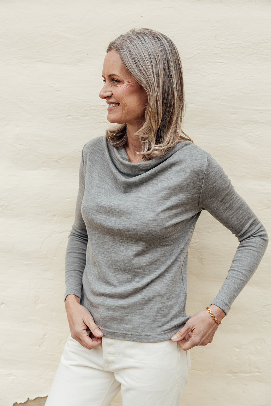 Merino Rib Cowl Neck Top - Grey Marle