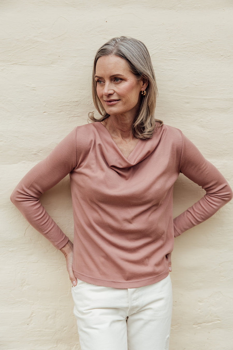 Merino Rib Cowl Neck Top - Dusky Rose