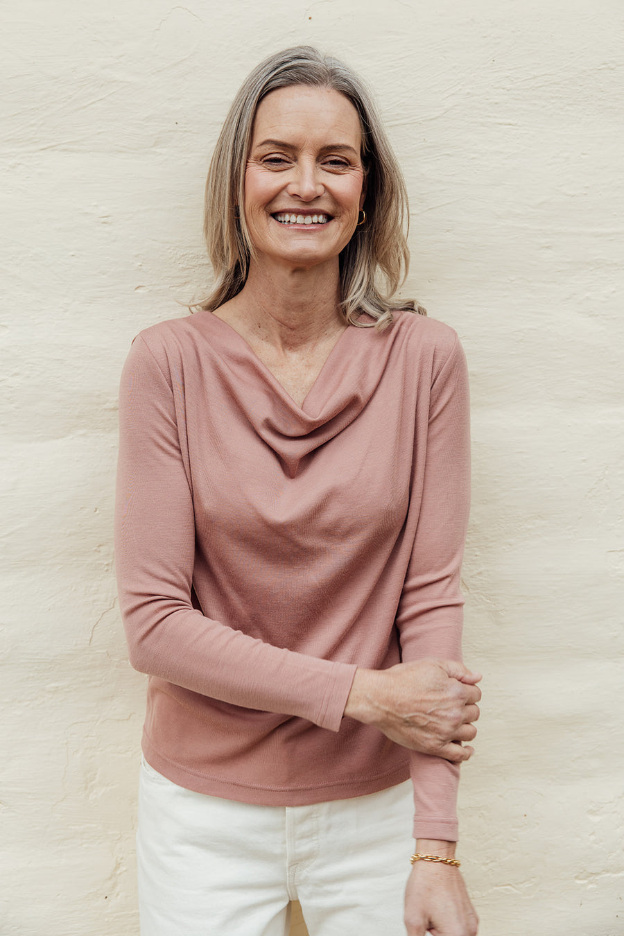 Merino Rib Cowl Neck Top - Dusky Rose