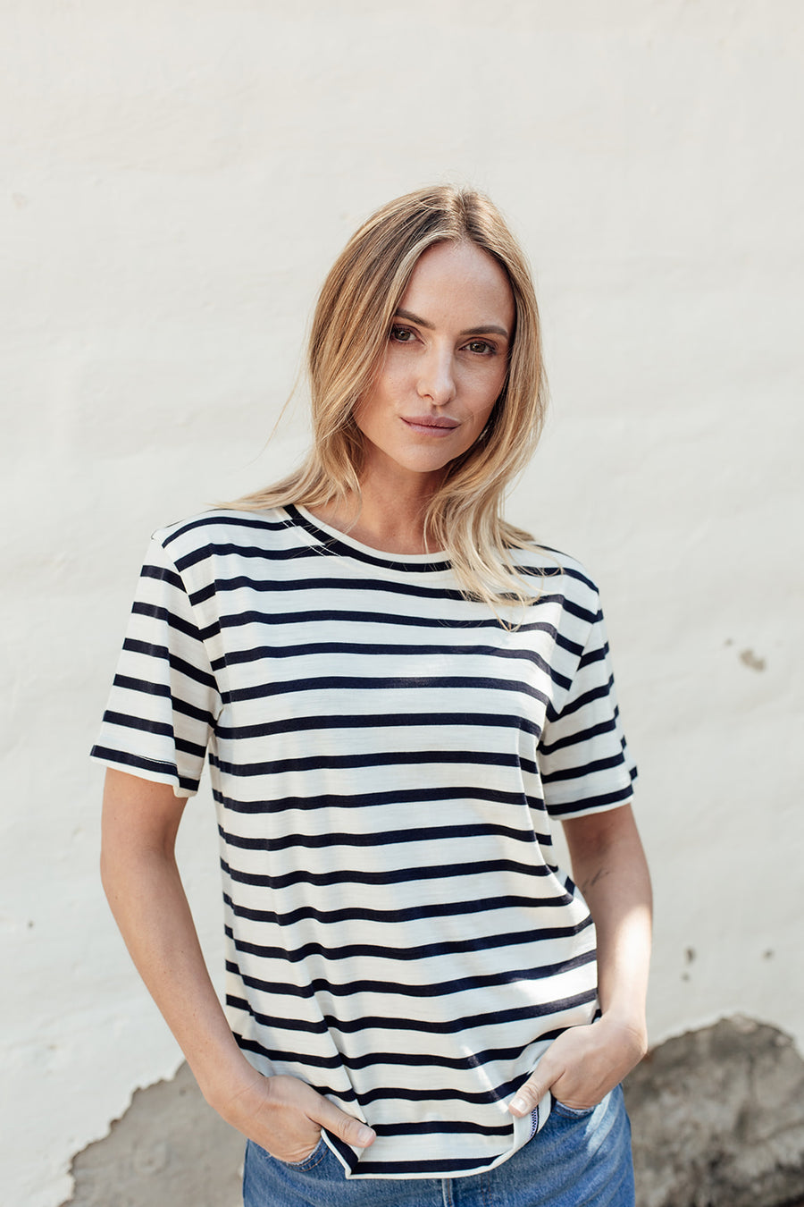 The Merino T-Shirt - Cream Stripe