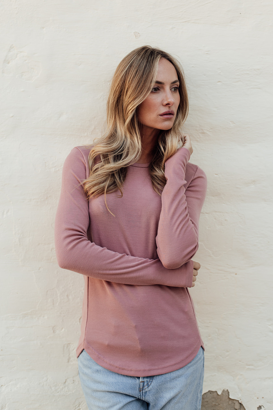 Merino Rib Crew Neck Top - Dusky Rose