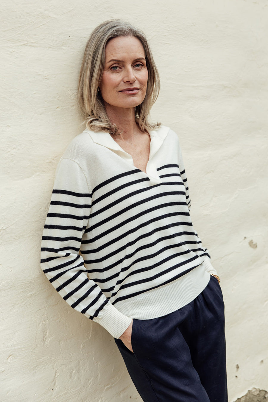 The Retreat Collared Jersey - Navy Stripe