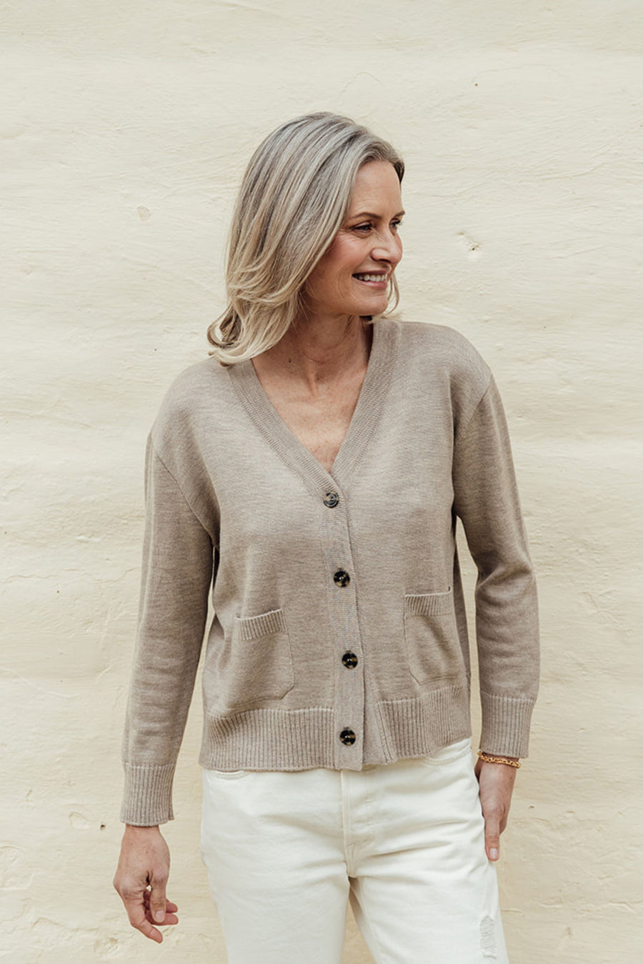 Camille Merino Pocket Cardigan - Latte