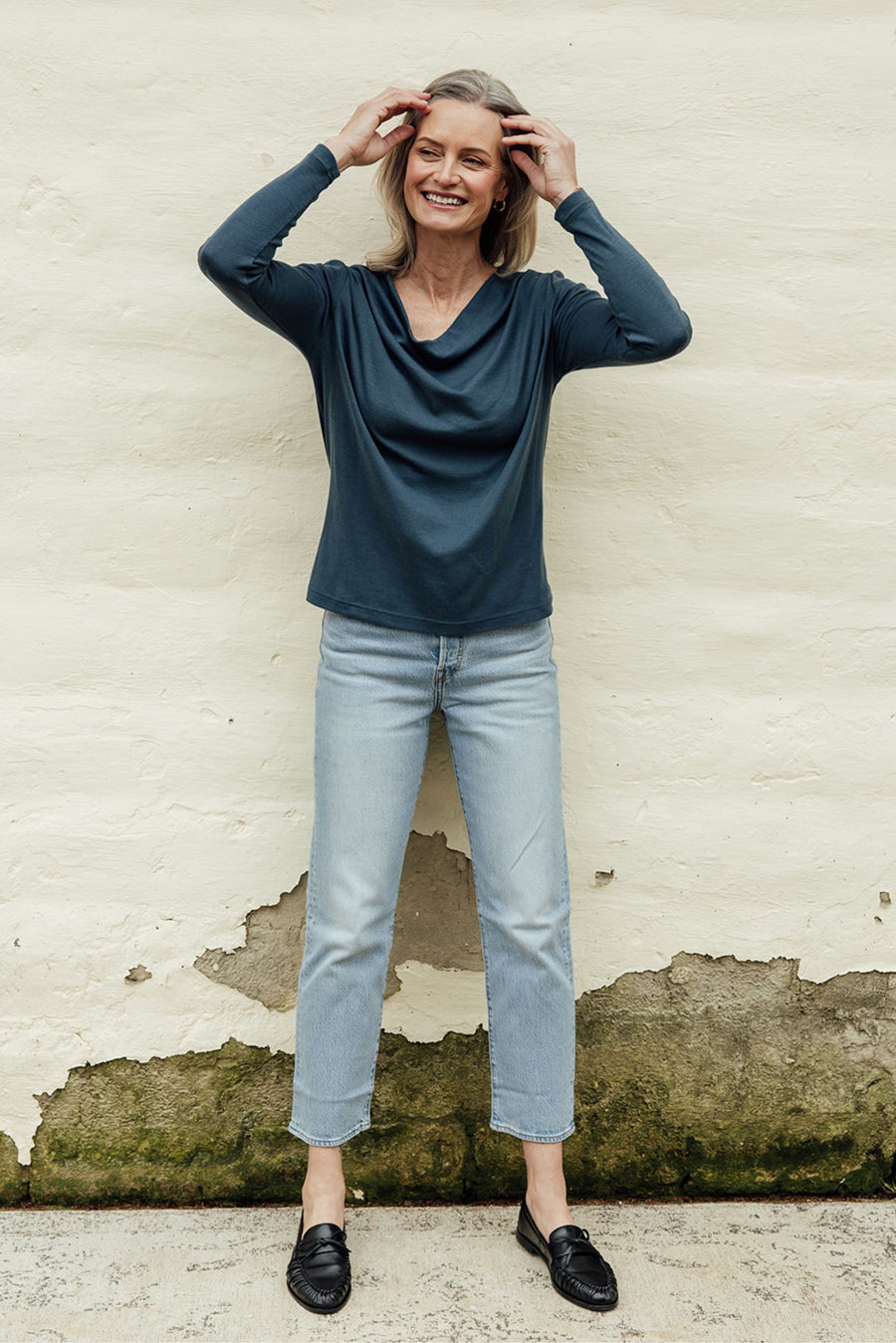 Merino Rib Cowl Neck Top - Teal