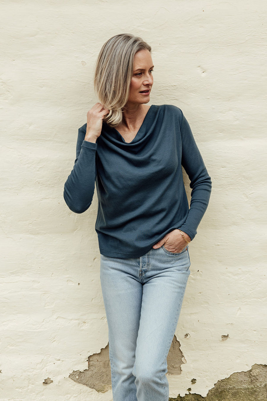 Merino Rib Cowl Neck Top - Teal