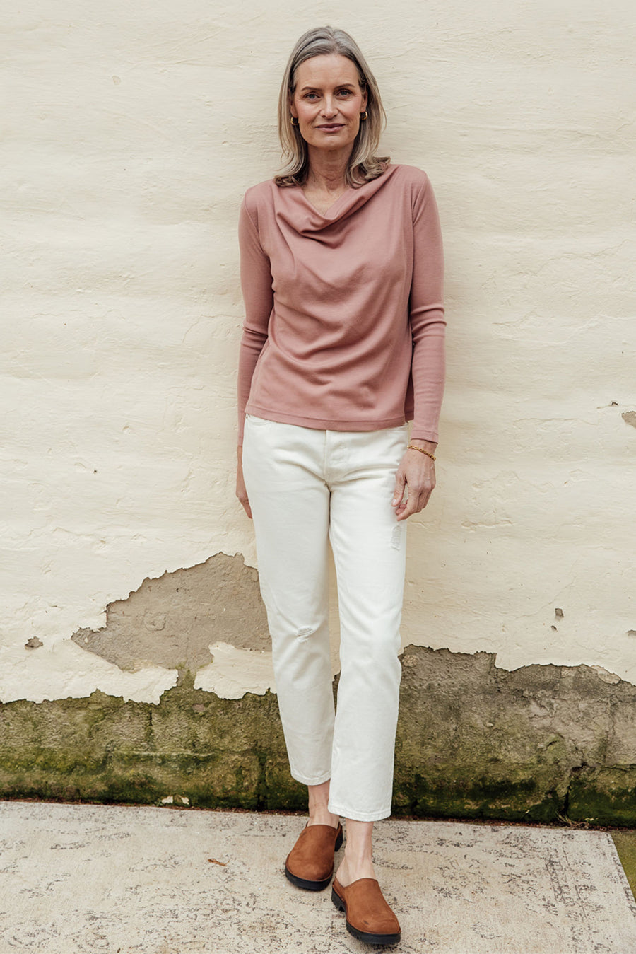 Merino Rib Cowl Neck Top - Dusky Rose
