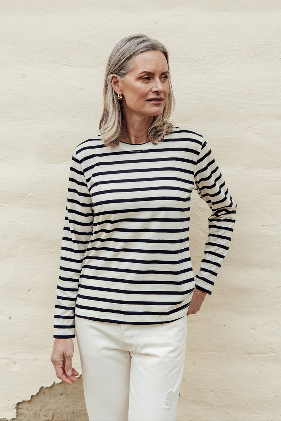 The Merino Long Sleeve Top - Cream Stripe