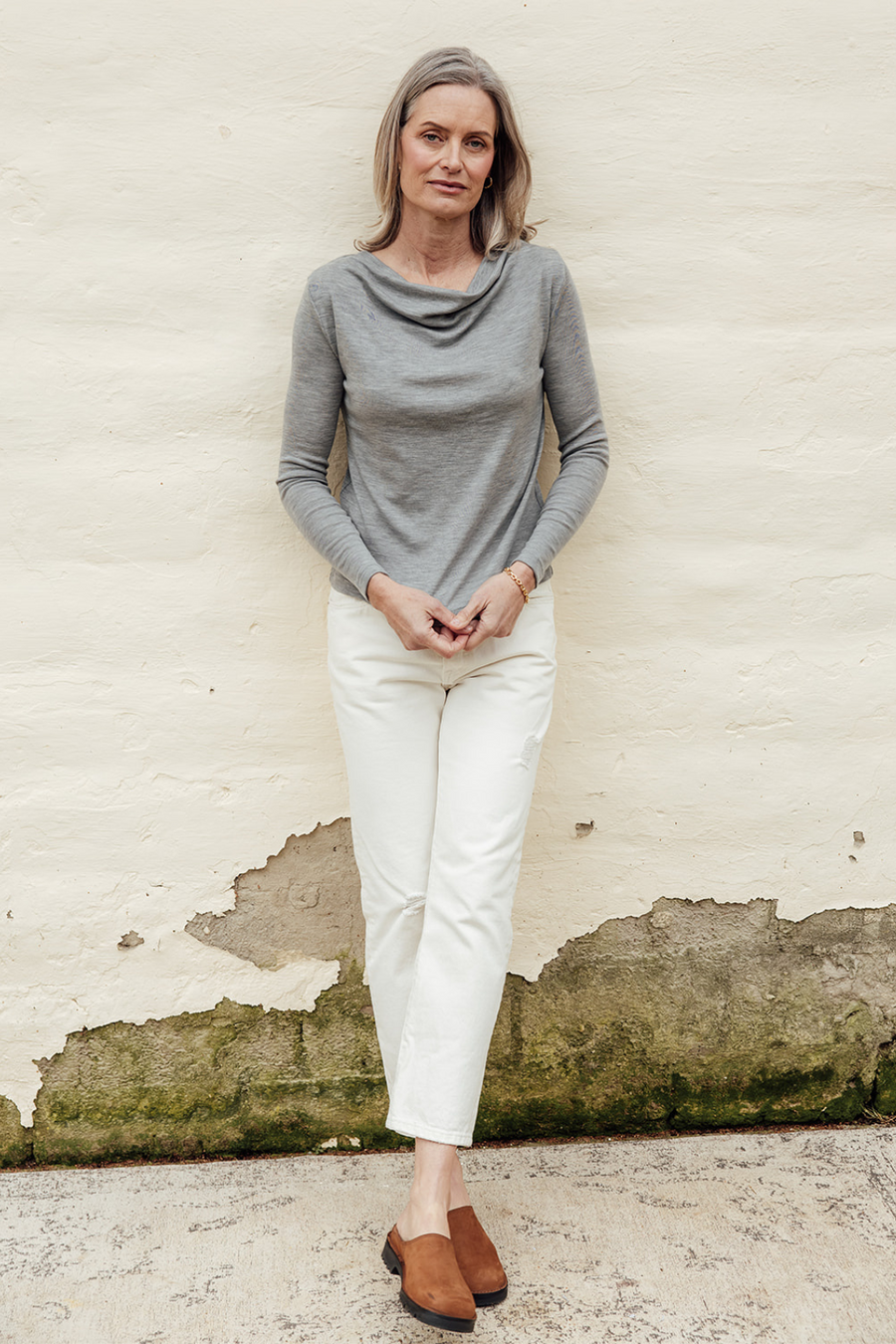 Merino Rib Cowl Neck Top - Grey Marle