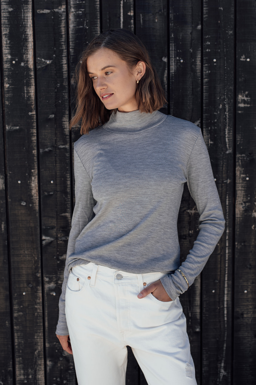 Turtleneck Grey Woolen Top Merino Rib Turtle Neck Top Grey Marle