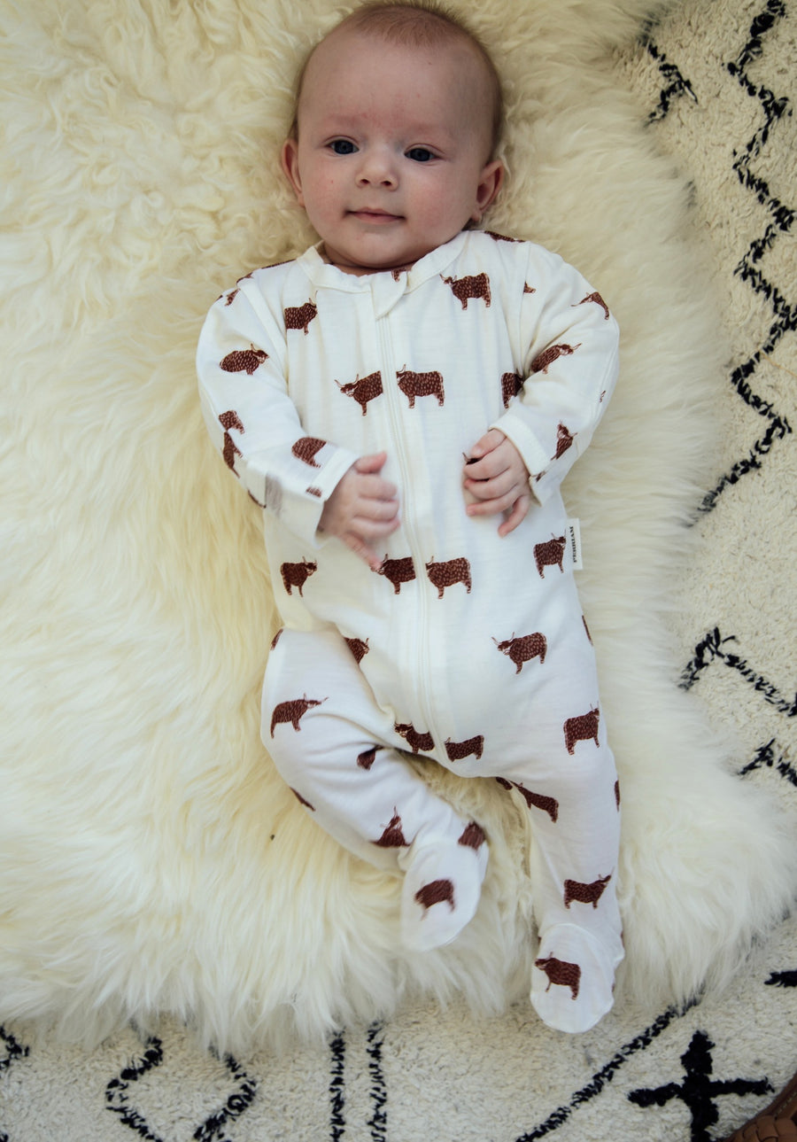 Merino Wool Baby Zip Onesie - Highland Cow